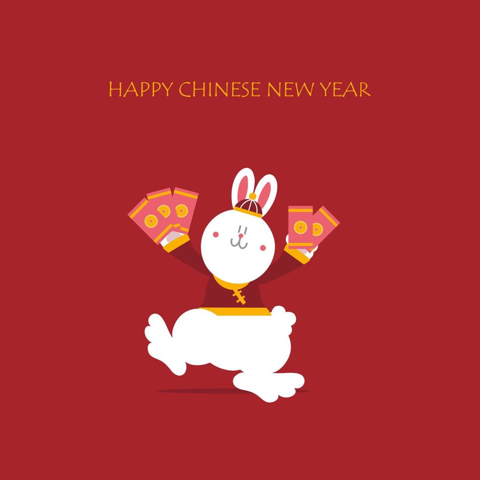 happy chinese new year with text, year of the rabbit zodiac, asian culture festival concept with gold in red background, flat vector illustration cartoon character design