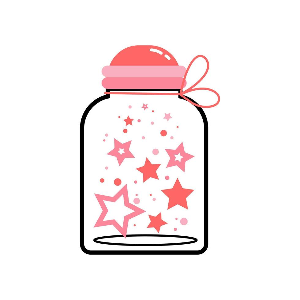 A charming jar with pink stars for St. Valentine's Day. Vector illustration in line art and flat style