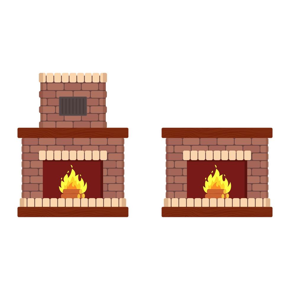 Cozy brick fireplace, wood fire, heating device. Vector illustration in flat cartoon style.