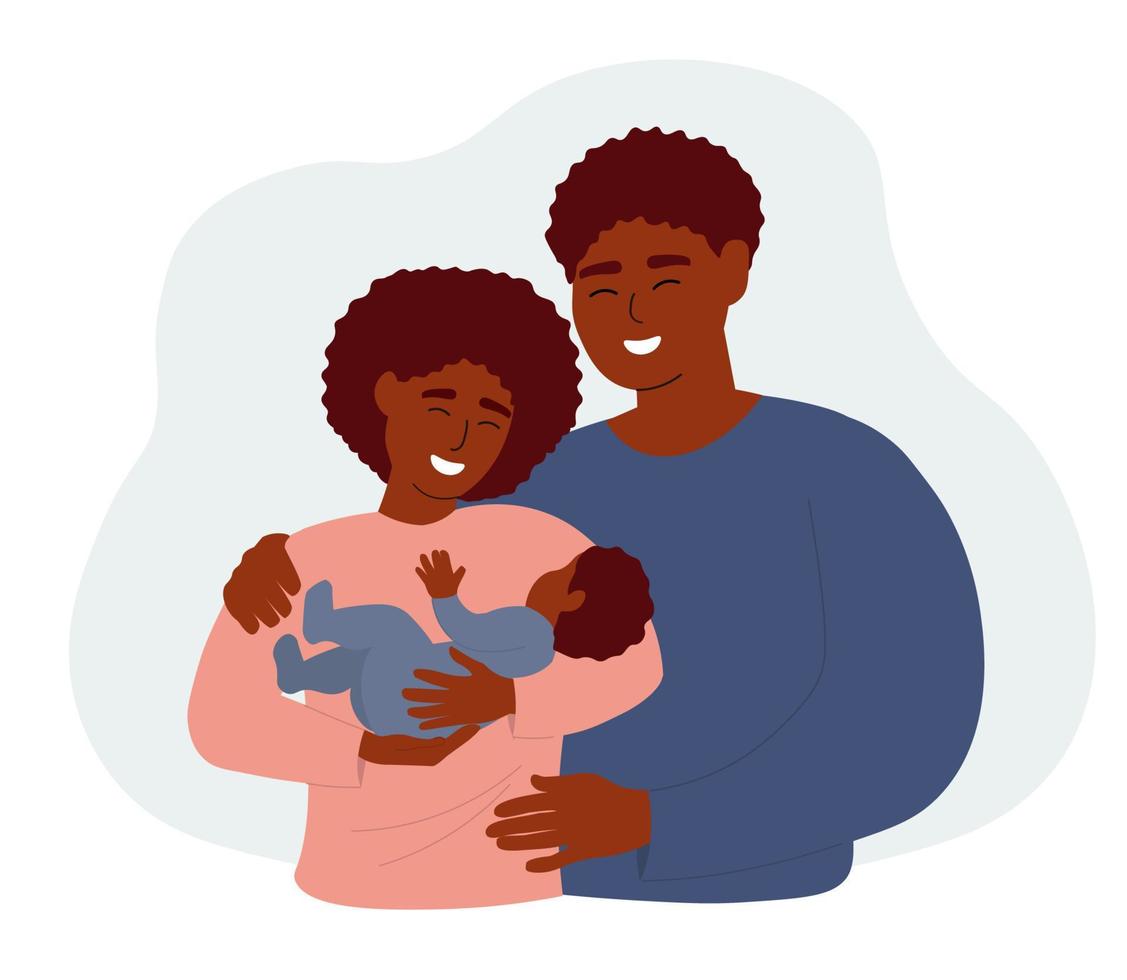 A mother with a baby in her arms and a father hugging. Happy loving african american family. Vector graphics.