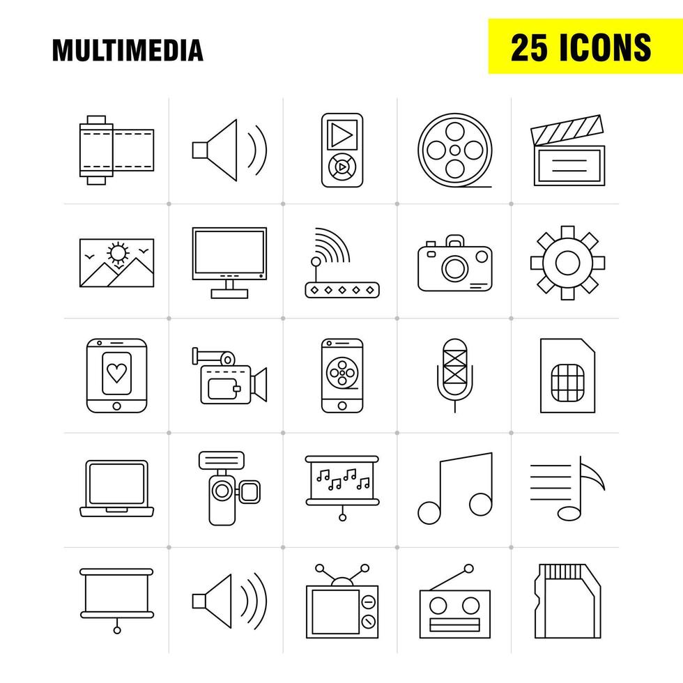 icono de línea multimedia para impresión web y kit de uxui móvil, como herramienta de configuración de mantenimiento de engranajes, altavoz, hardware de computadora, paquete de pictogramas vector