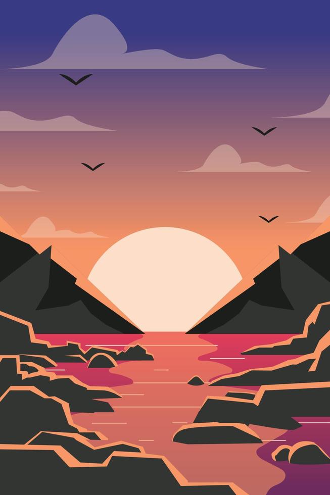 fondo plano mar puesta de sol vector diseño premium