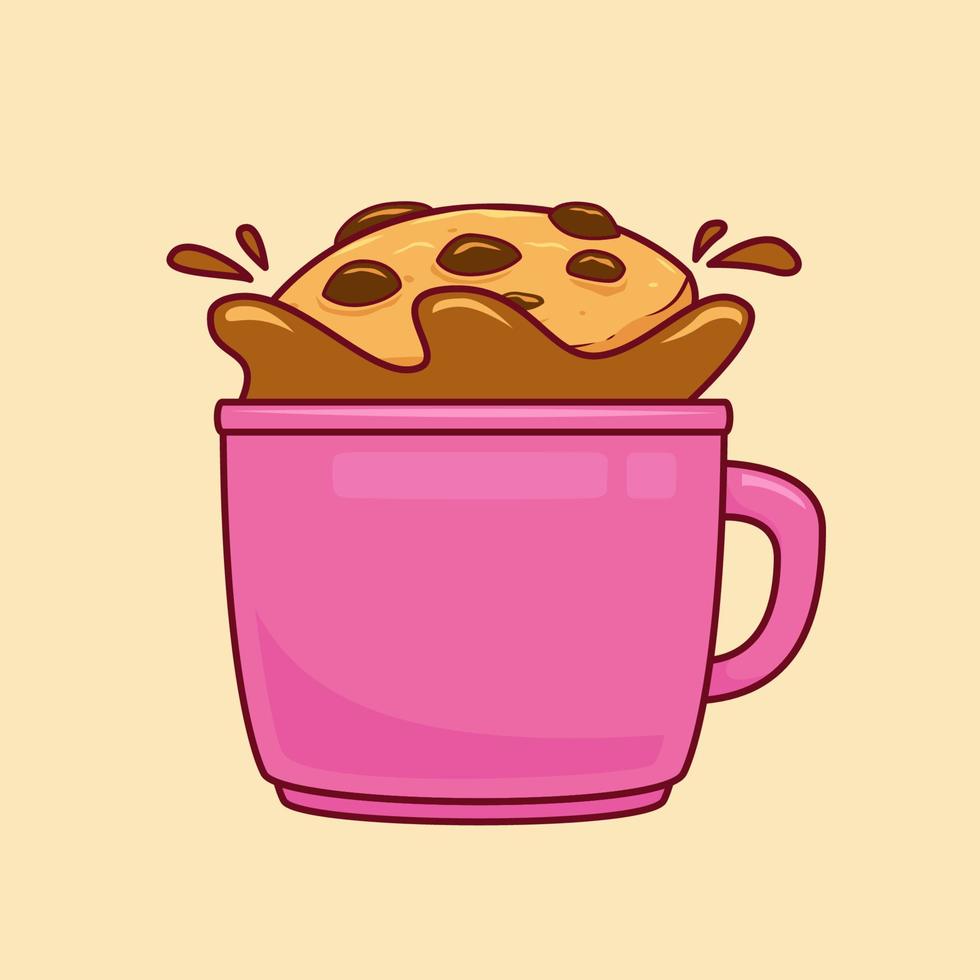 galletas con chispas de chocolate que se sumergen en una taza de café taza ilustración vector estilo de dibujos animados