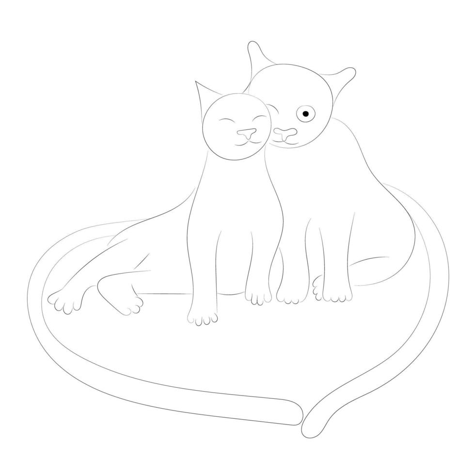 Sketch of two cats that gently cuddled up to each other, flat vector, contour drawing, isolate on white vector