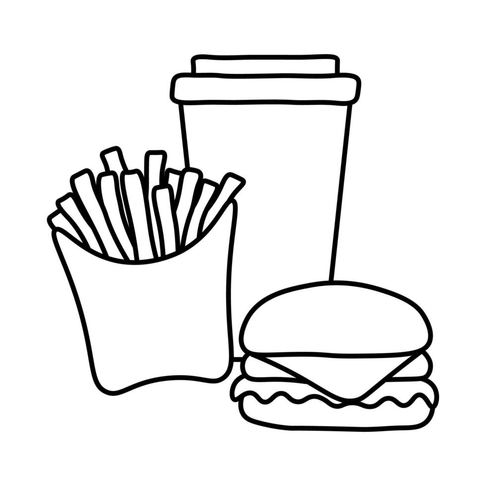 boceto de conjunto de comida rápida, dibujo de contorno negro, vector plano, aislado en blanco