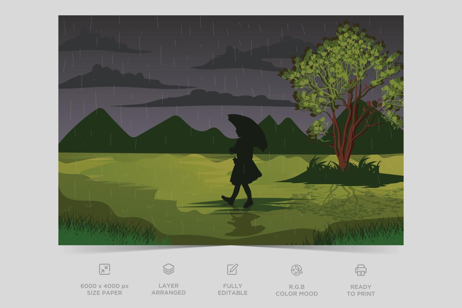 hermoso diseño de paisaje de escena de la naturaleza con lluvia. vector de plantilla de fondo de ilustración plana