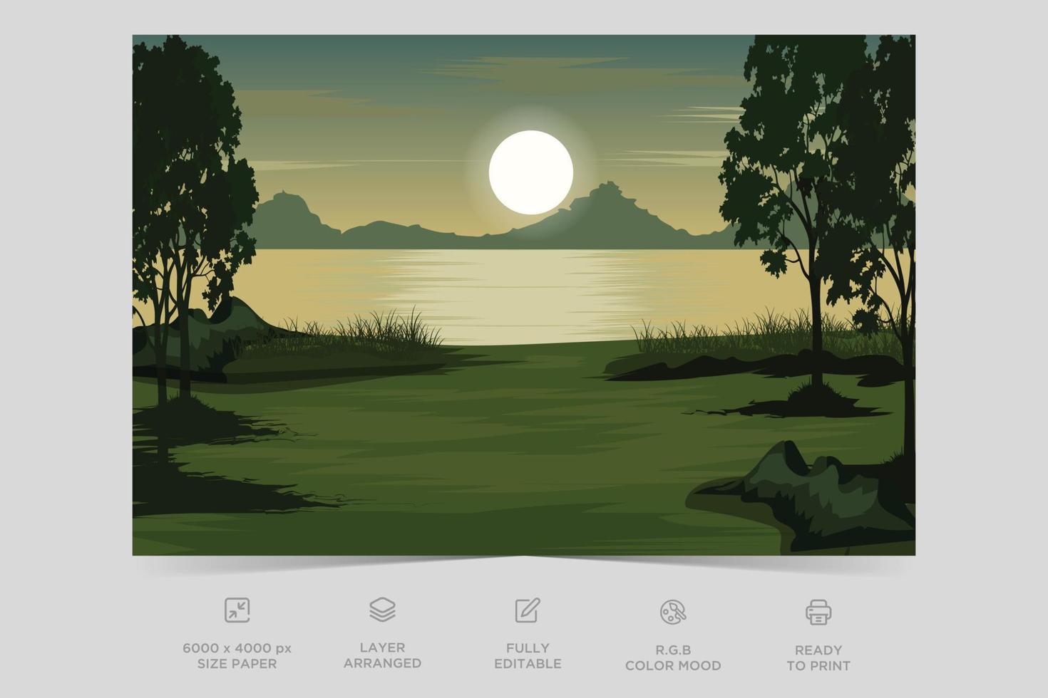 Beautiful landscape colorful river side nature scene flat illustration background design template vector