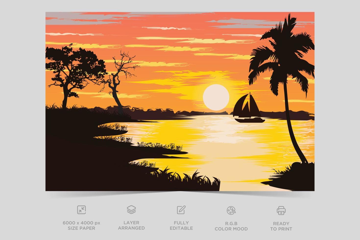 Beautiful river nature scene in afternoon. Flat illustration landscape design background template vector