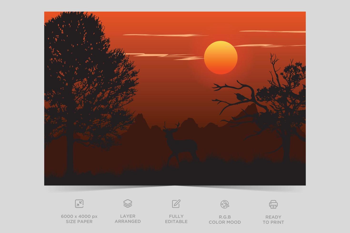 hermosa escena de la naturaleza del bosque en la tarde. plantilla de fondo de diseño de paisaje de ilustración plana vector