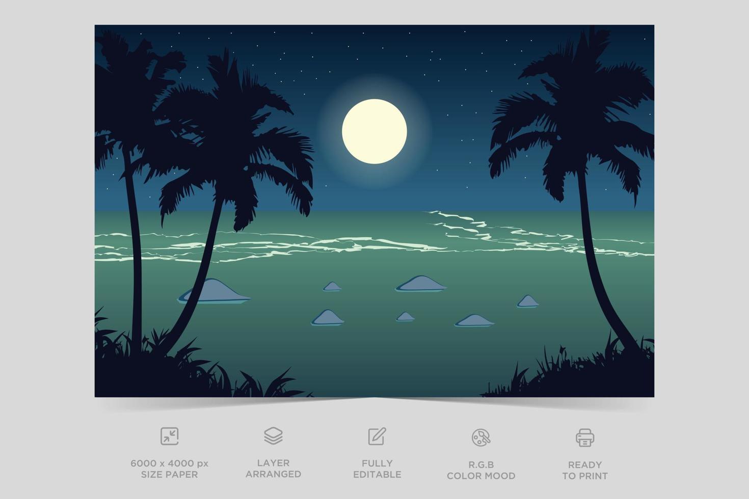diseño del paisaje de la escena de la naturaleza de la vista del río de noche. vector de plantilla de diseño de fondo de ilustración plana