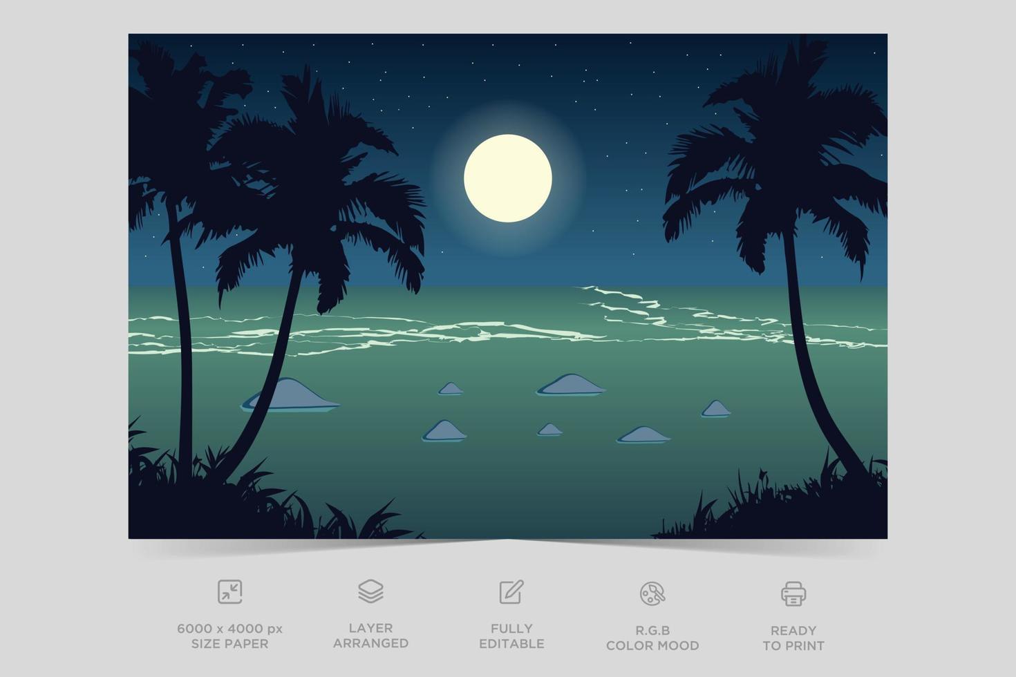 Night river view nature scene landscape design. Flat illustration background design template vector