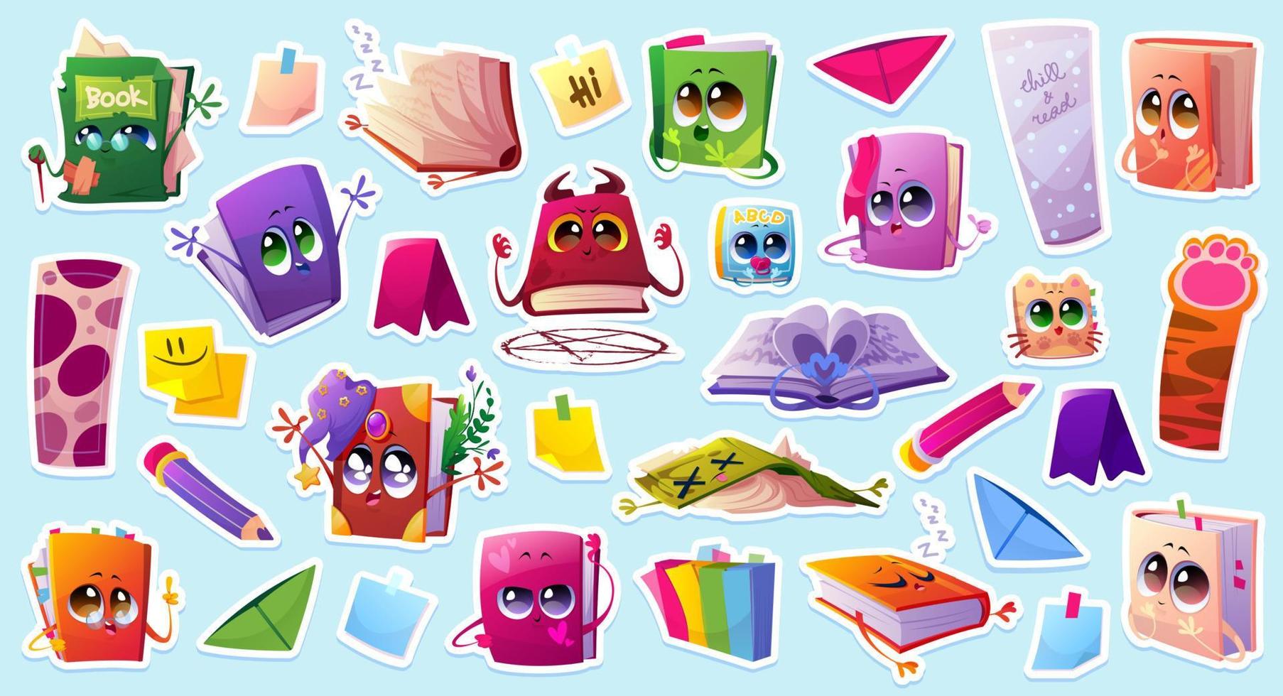 Set of stickers cartoon books, notes, bookmarks vector