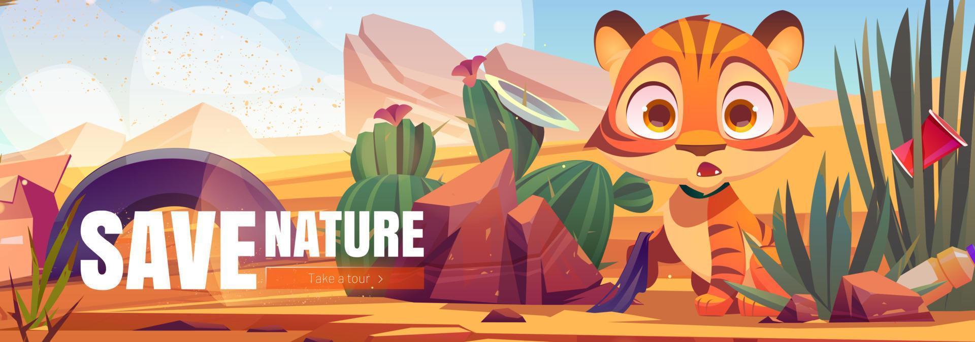 salvar el banner web de dibujos animados de la naturaleza, cachorro de tigre divertido vector