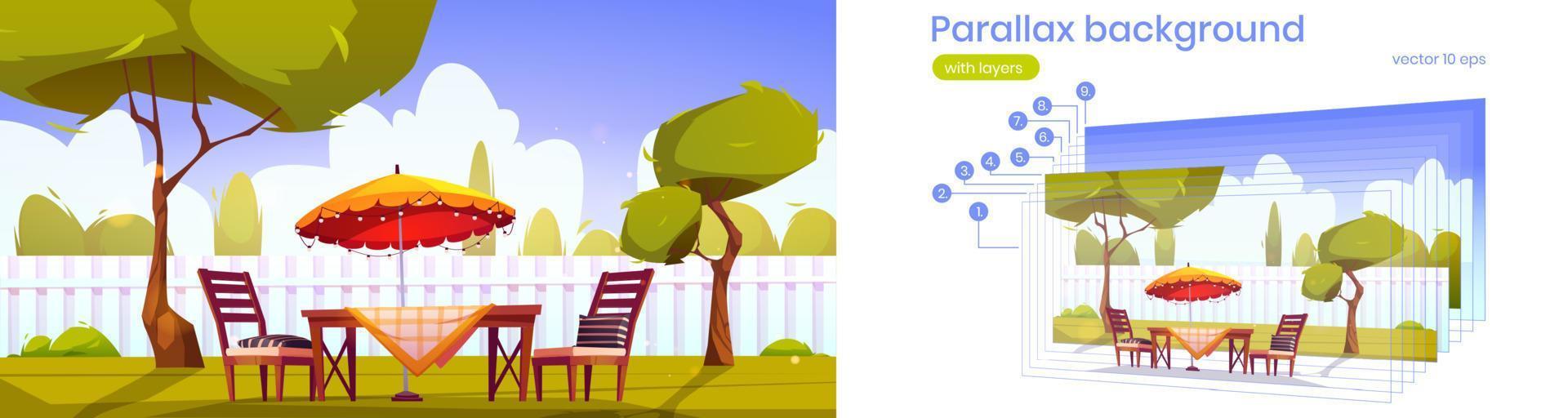 fondo de paralaje con patio trasero con muebles vector