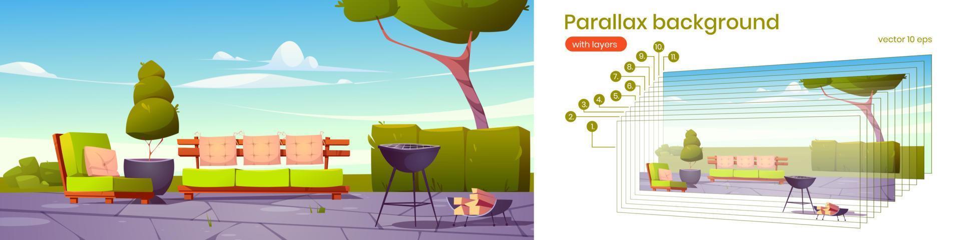 Parallax background patio, cottage house courtyard vector