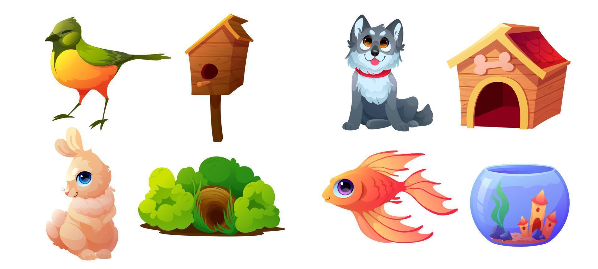 Set pets, domestic animals and their homes, vector