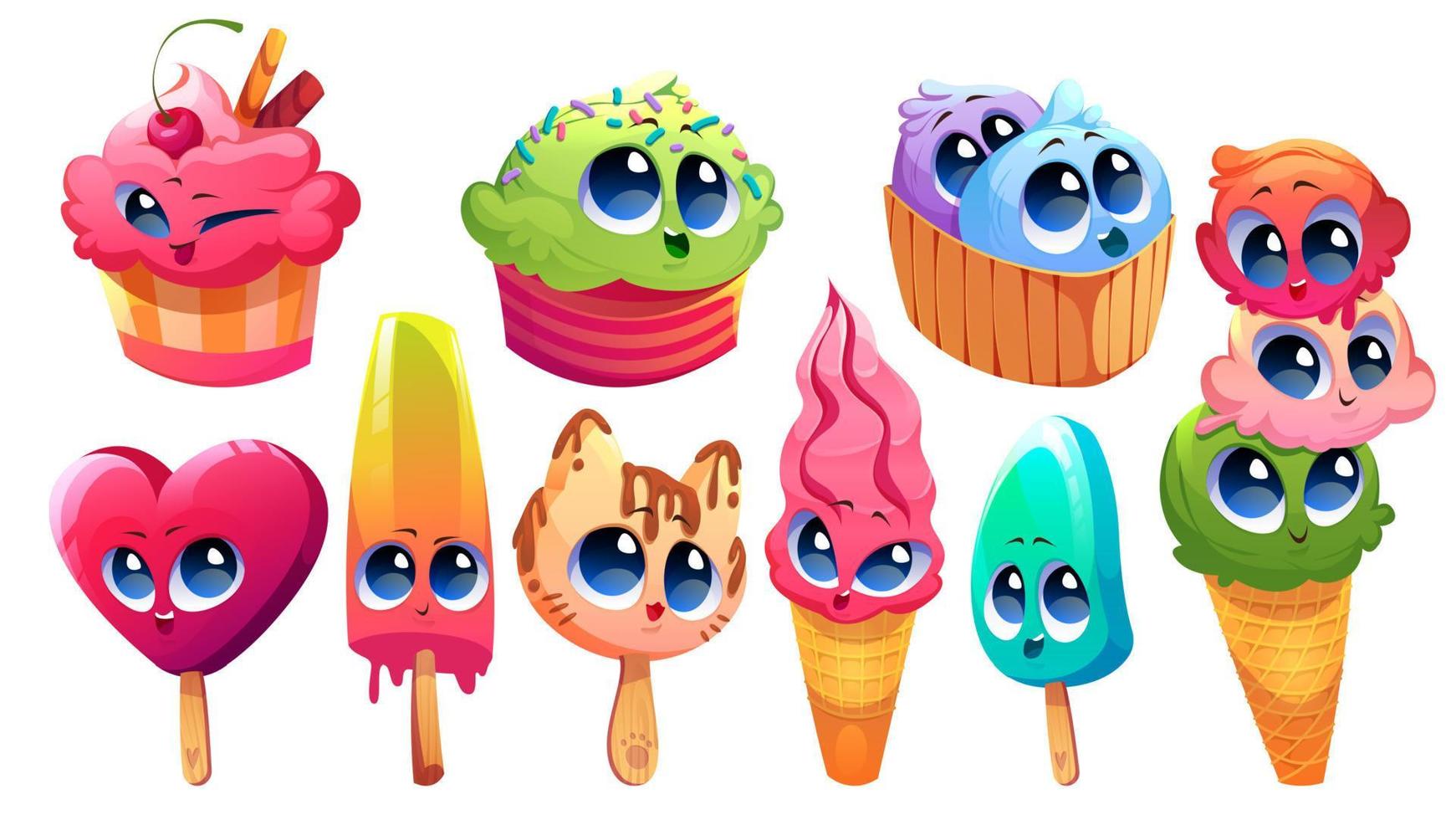 conjunto de lindos personajes kawaii helados, delicadeza vector