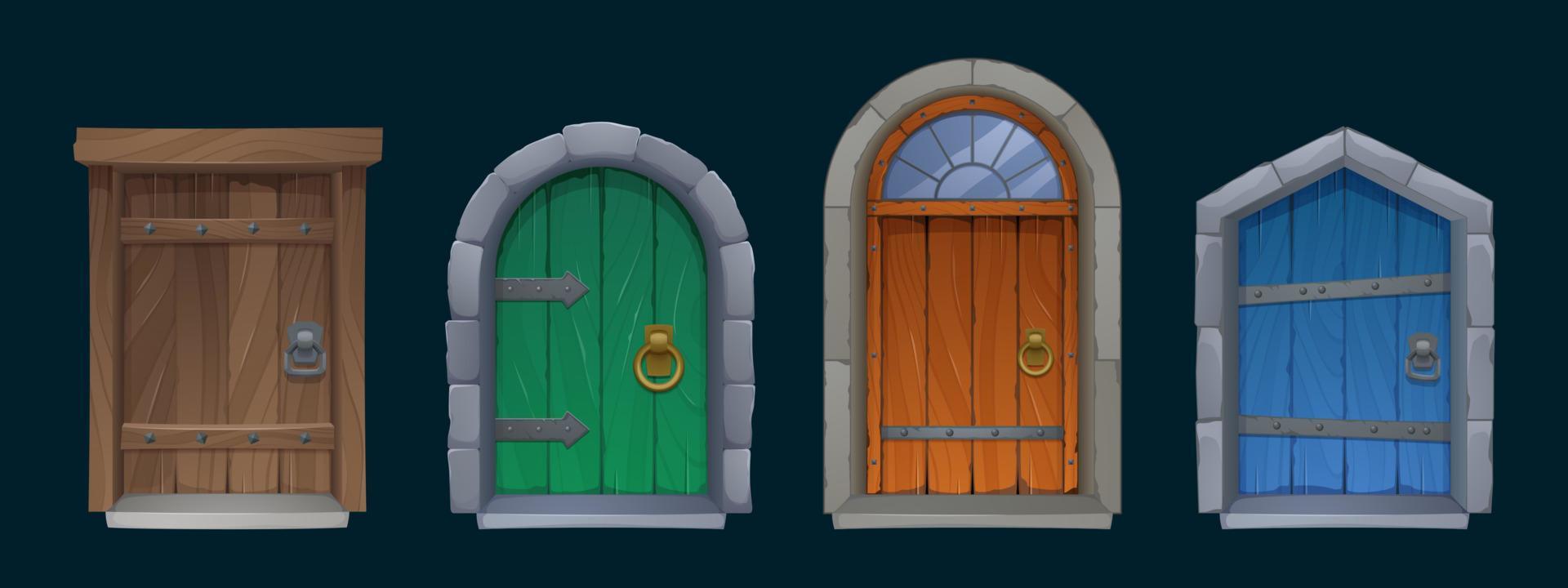 Old medieval wooden doors with stone arch vector