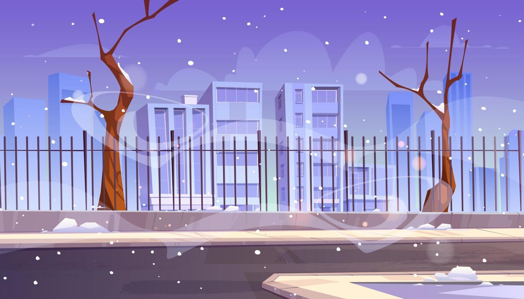 City street with snow and fence in winter vector
