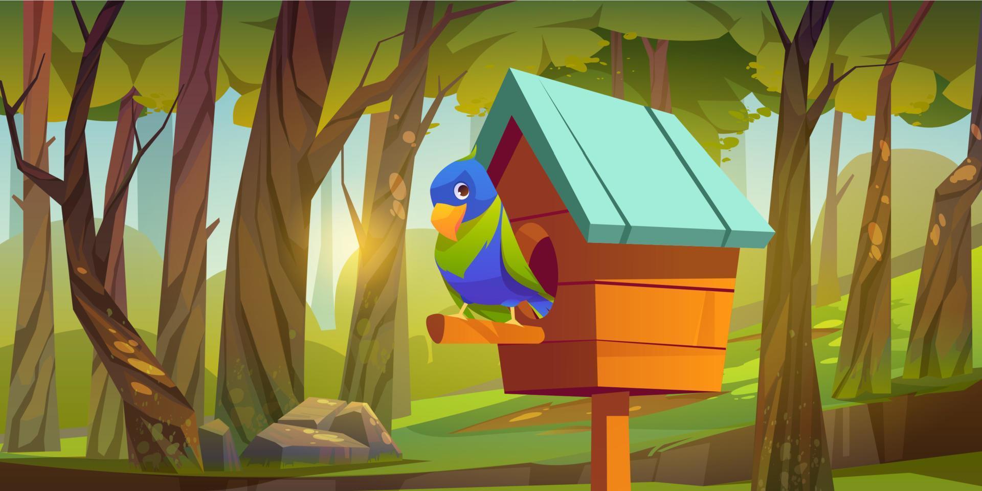 Cute bird sitting on wooden perch of birdhouse vector