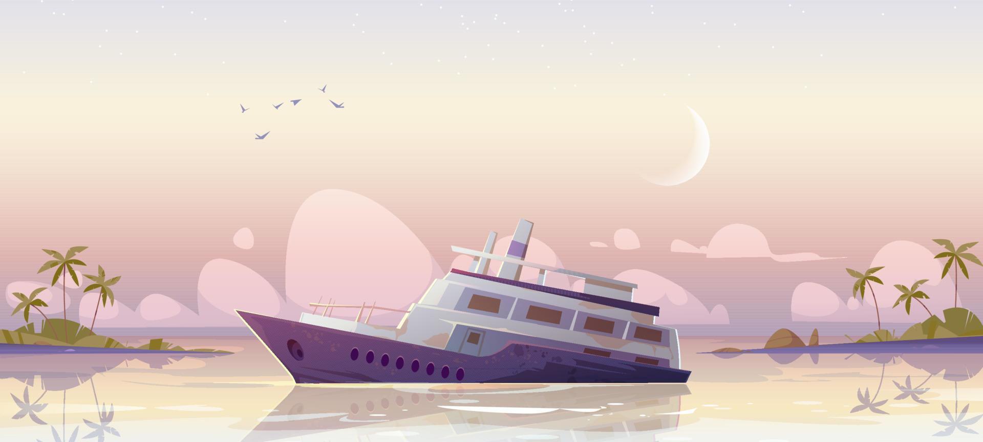 Sunken cruise ship in sea harbor in morning vector