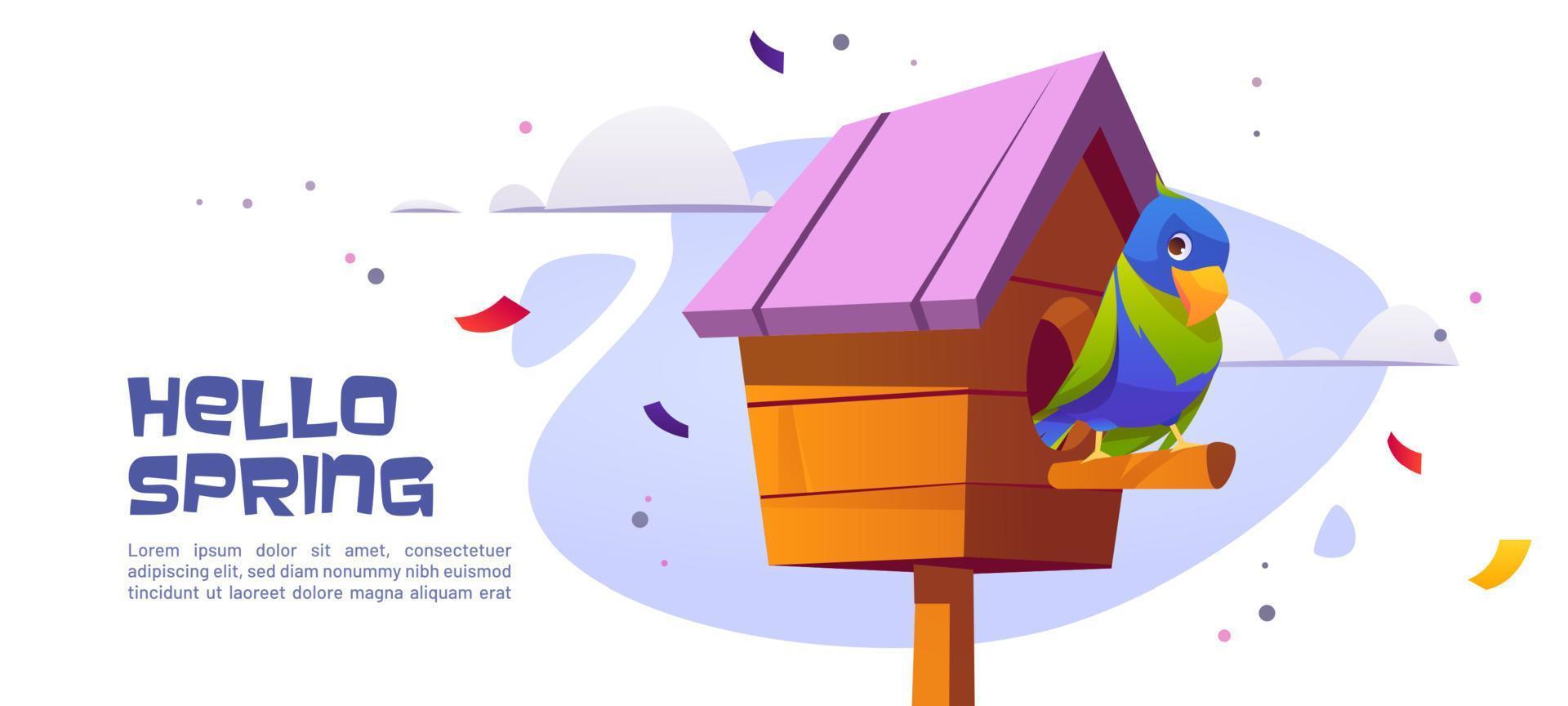 Hello spring banner with parrot in birdhouse vector