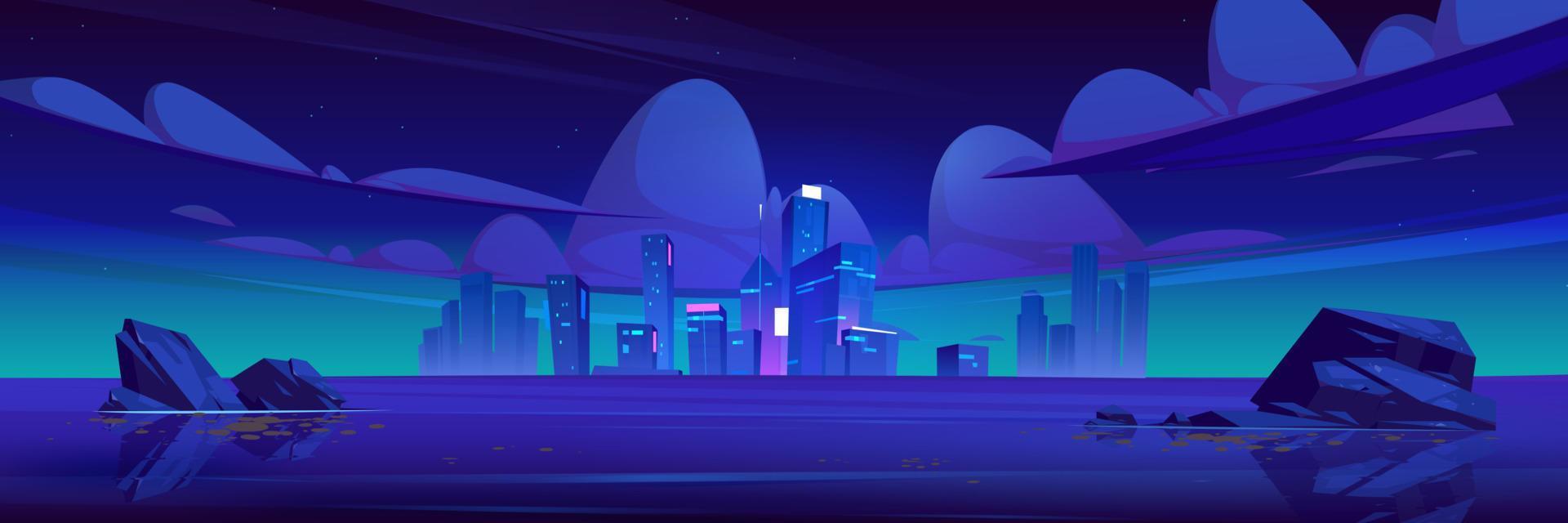 Night city skyline with glowing lights at ocean vector