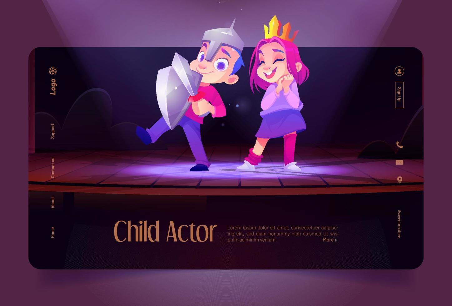 Children actors on theatre stage in school, kids vector