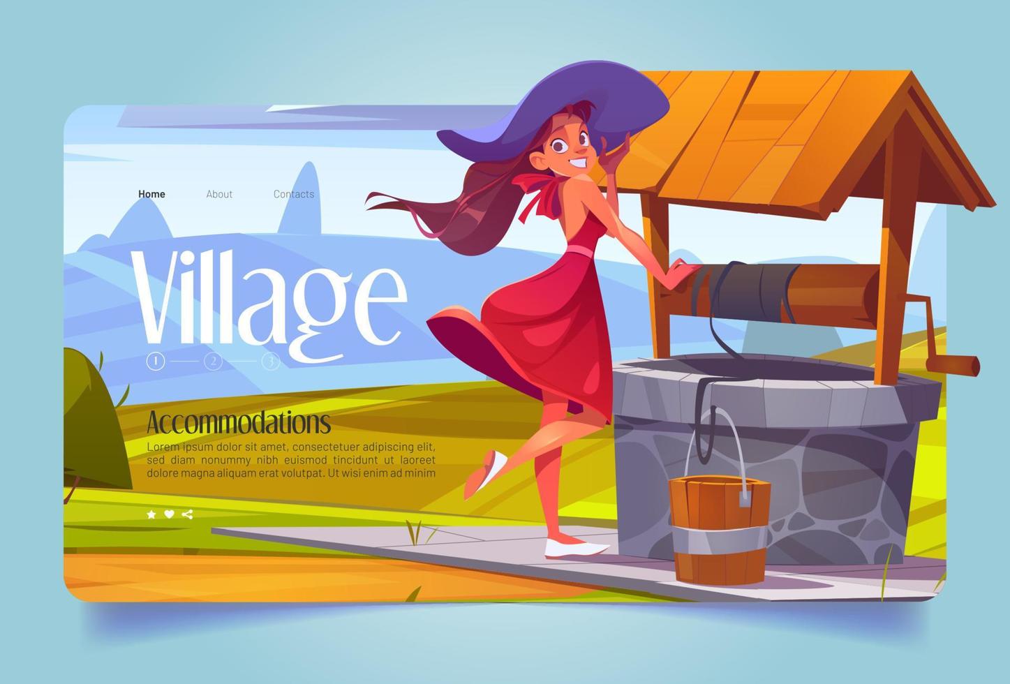 Village banner with beautiful girl and old well vector