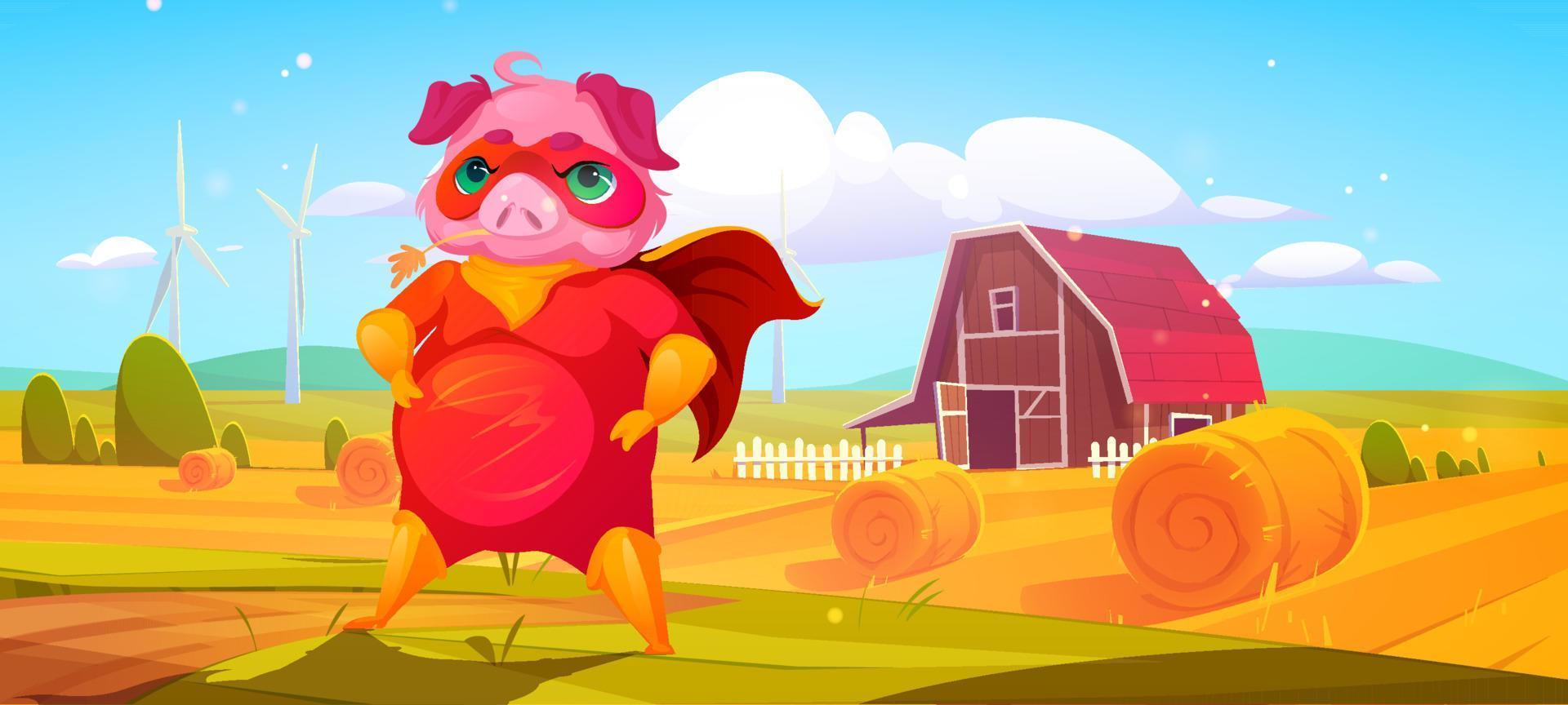 Pig superhero in red costume on farm field vector