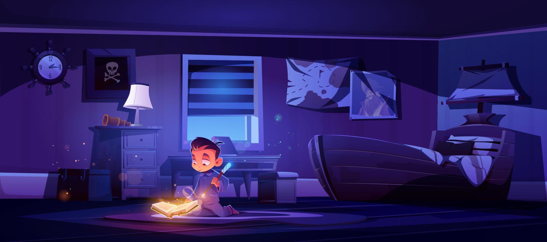 Little boy practice magic with wand and spell book vector