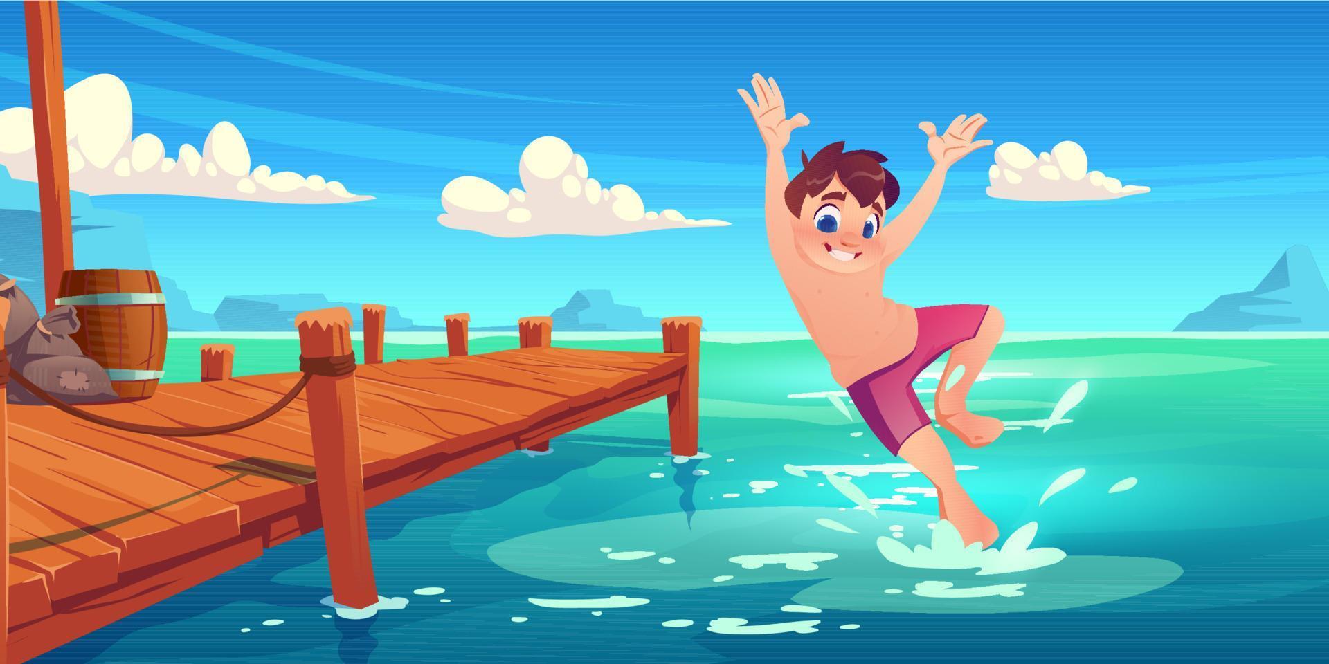 Happy boy jump into lake water from wooden pier, vector