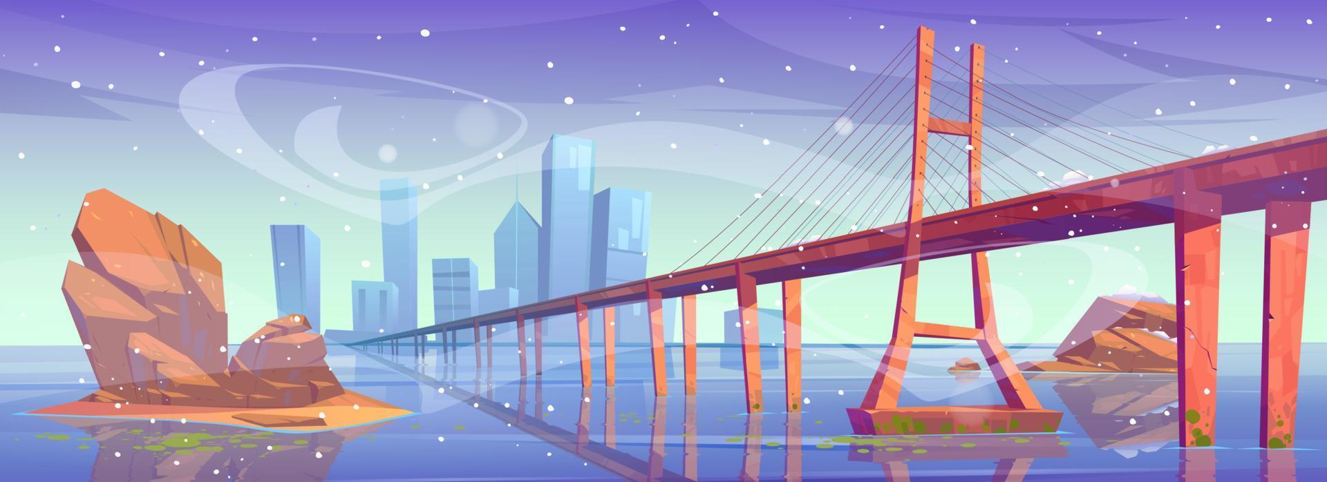 Winter city skyline with bridge frozen water bay vector