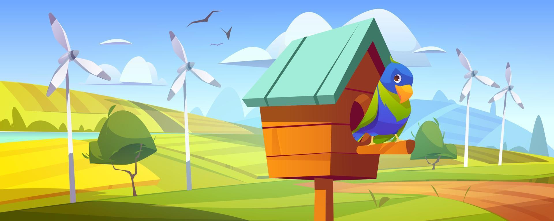 Cute parrot in birdhouse, fields and wind turbines vector