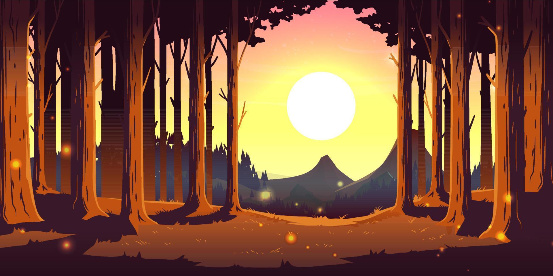 Nature landscape with forest, mountains and sun vector