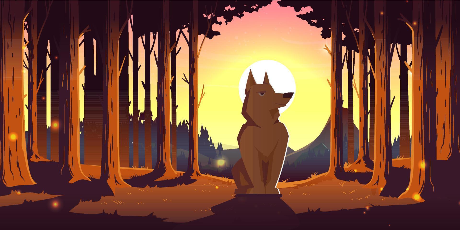 lobo en el bosque, animal salvaje sentado en madera profunda vector