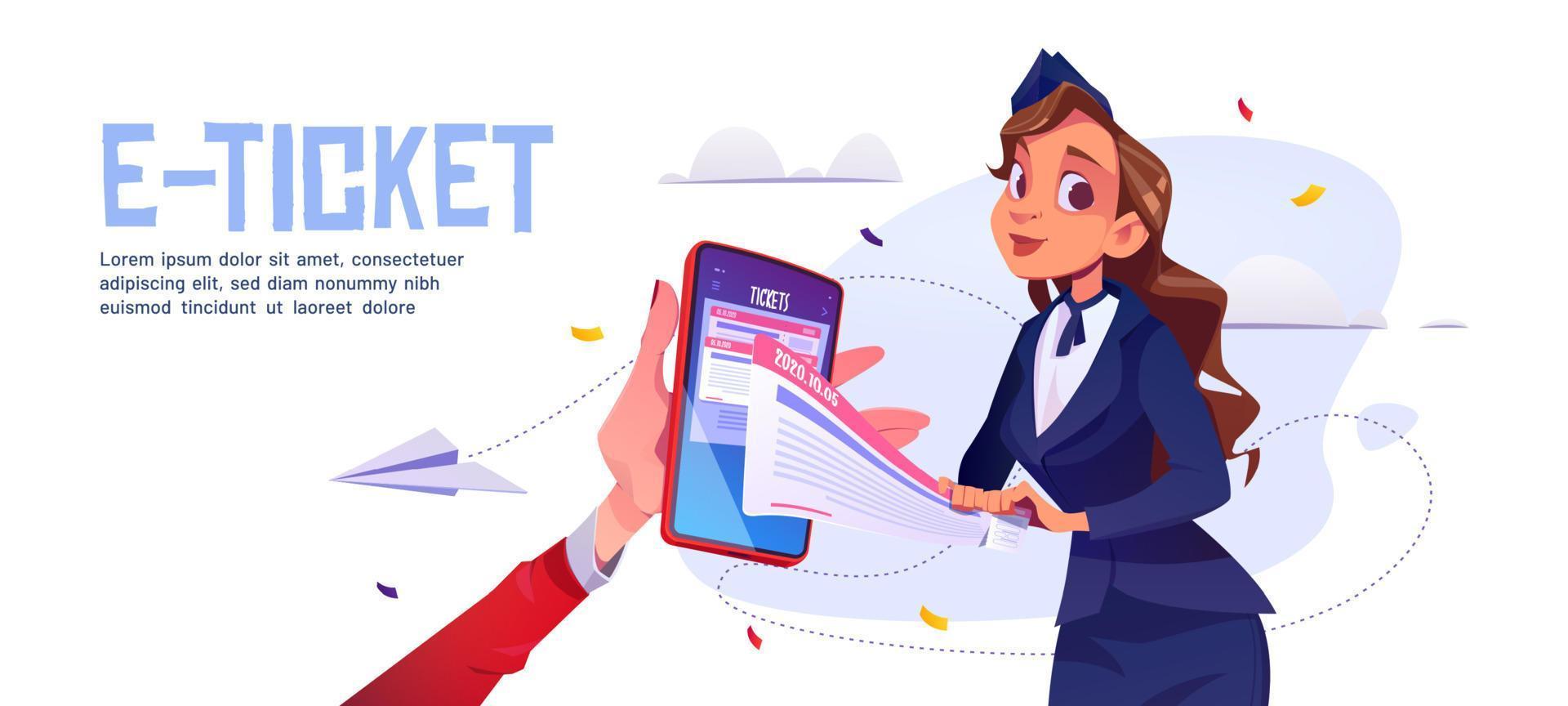 E-ticket cartoon landing page, airplane ticket vector