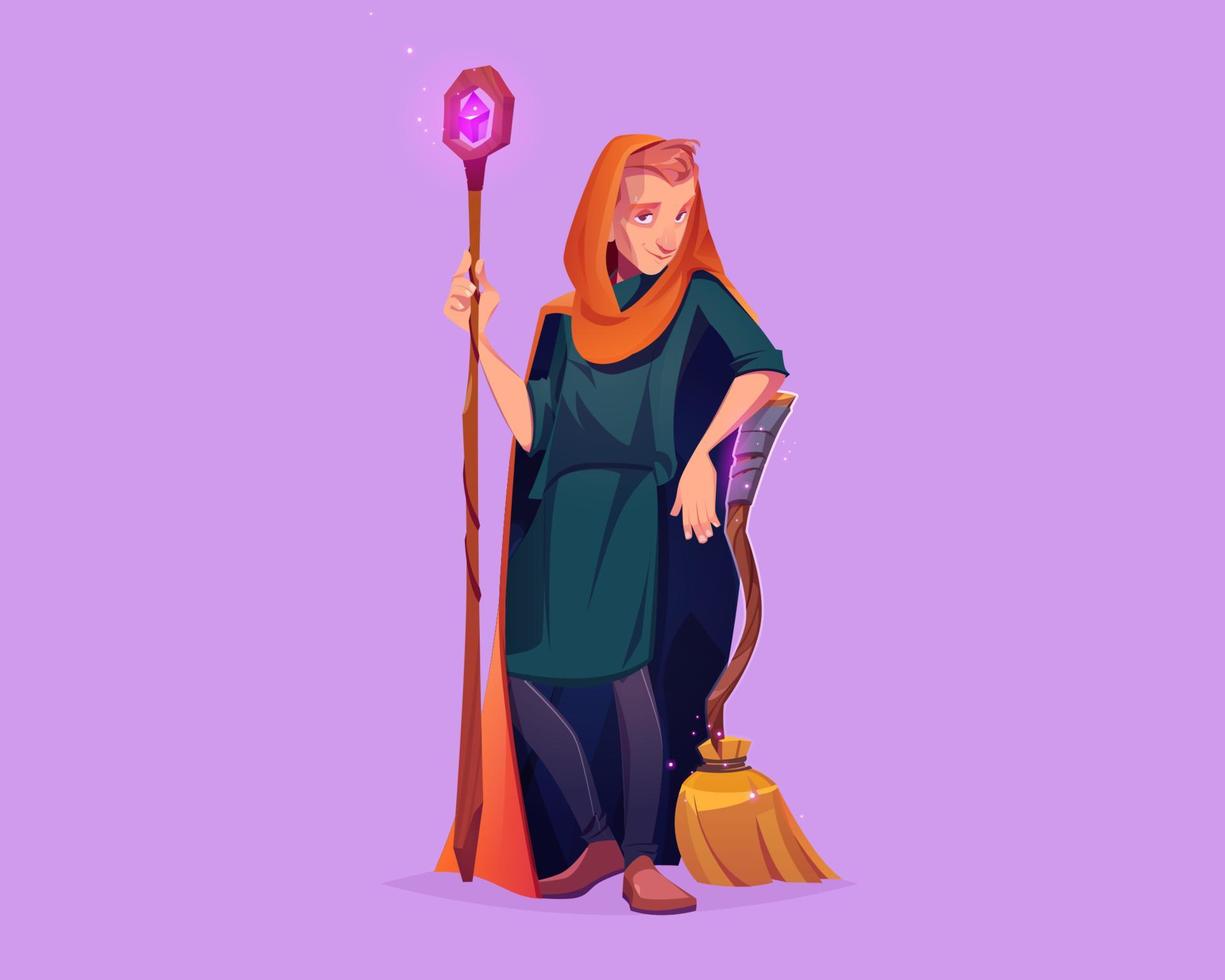 Man wizard with magic staff and broom vector