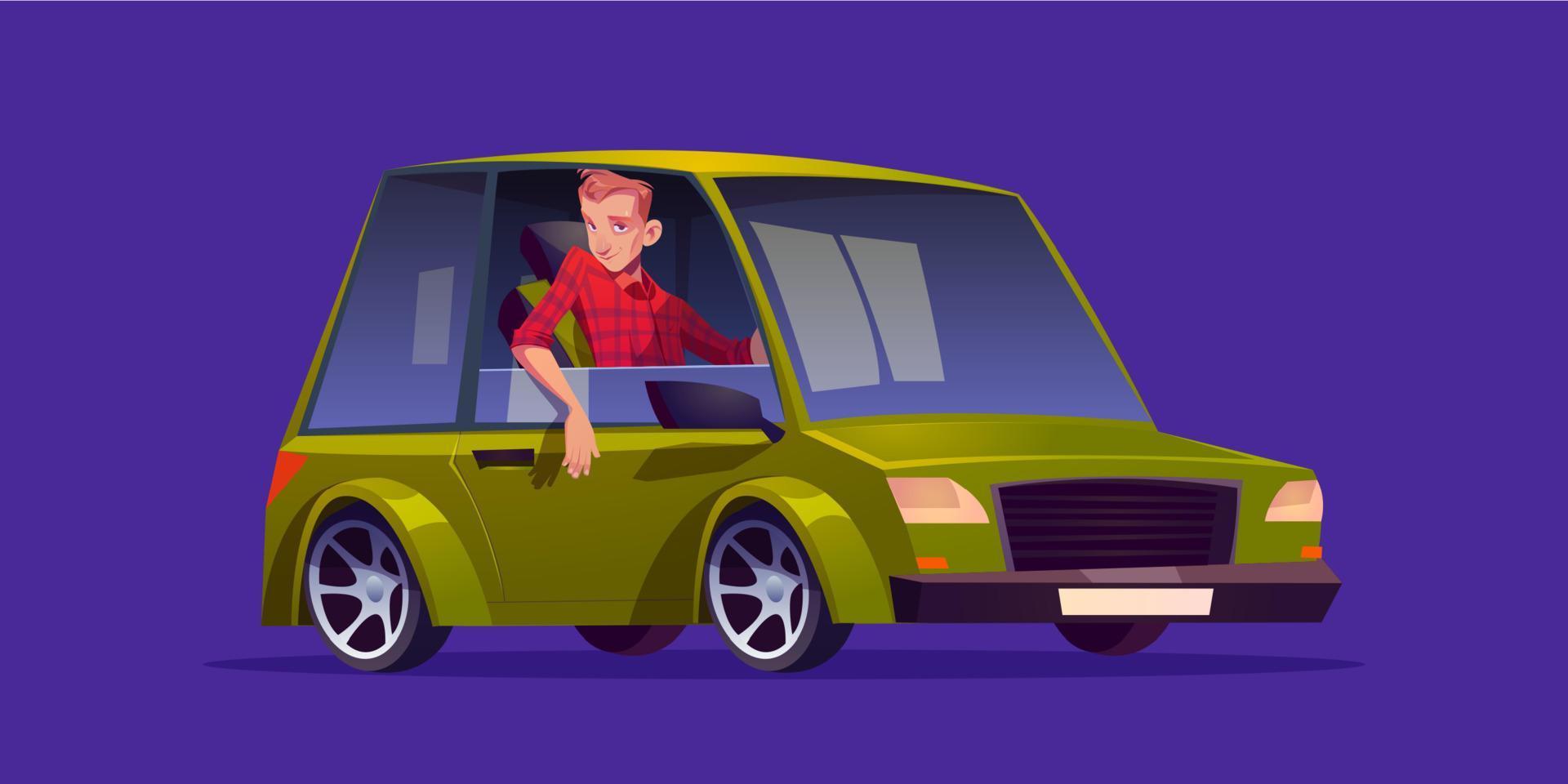 hombre sentado en el coche, personaje de dibujos animados del conductor vector