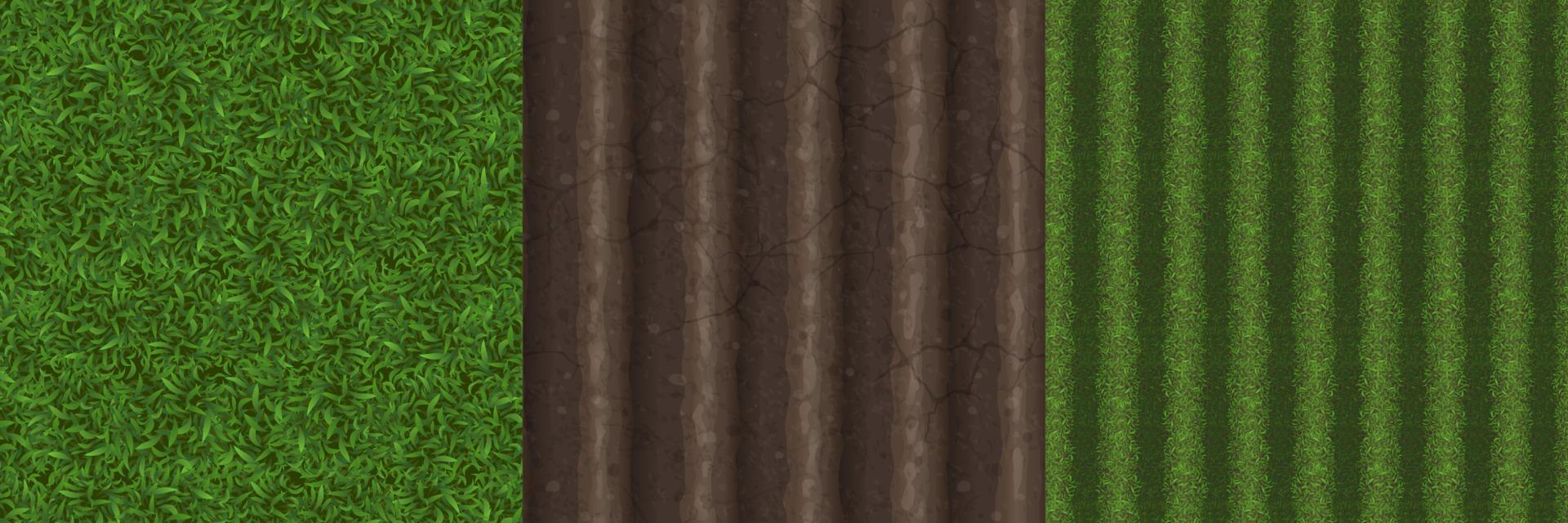 Game textures of green lawn, plowed farm field vector