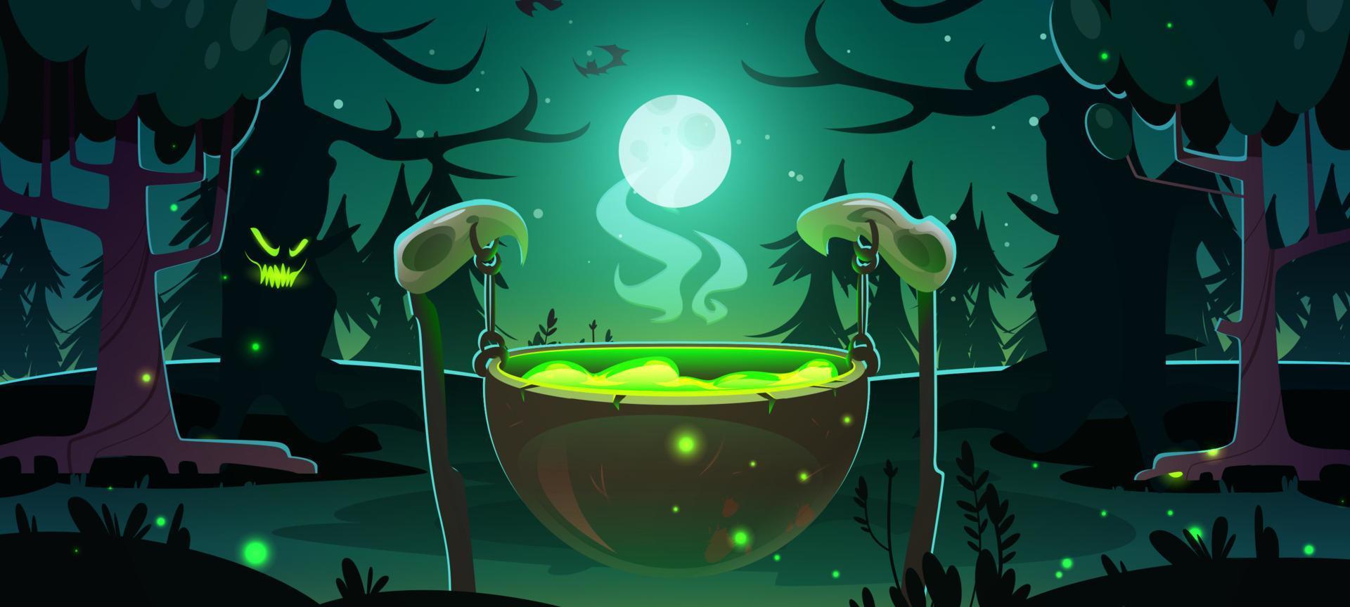 caldero de brujas en la escena de halloween del bosque nocturno vector