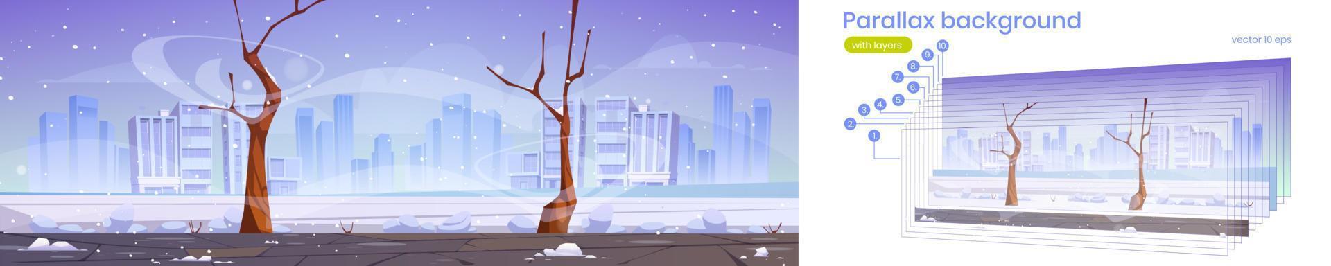 Parallax background winter city street cityscape vector