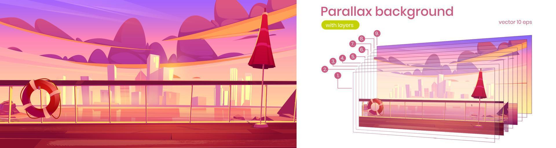 Parallax background sunset city form ship deck vector