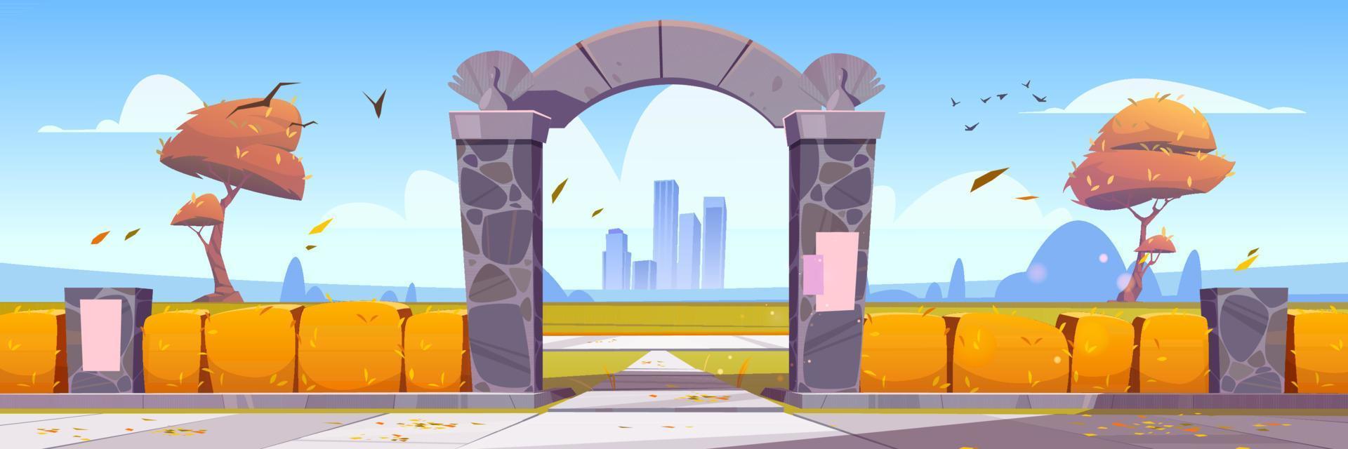 paisaje otoñal con entrada de arco de piedra al parque vector