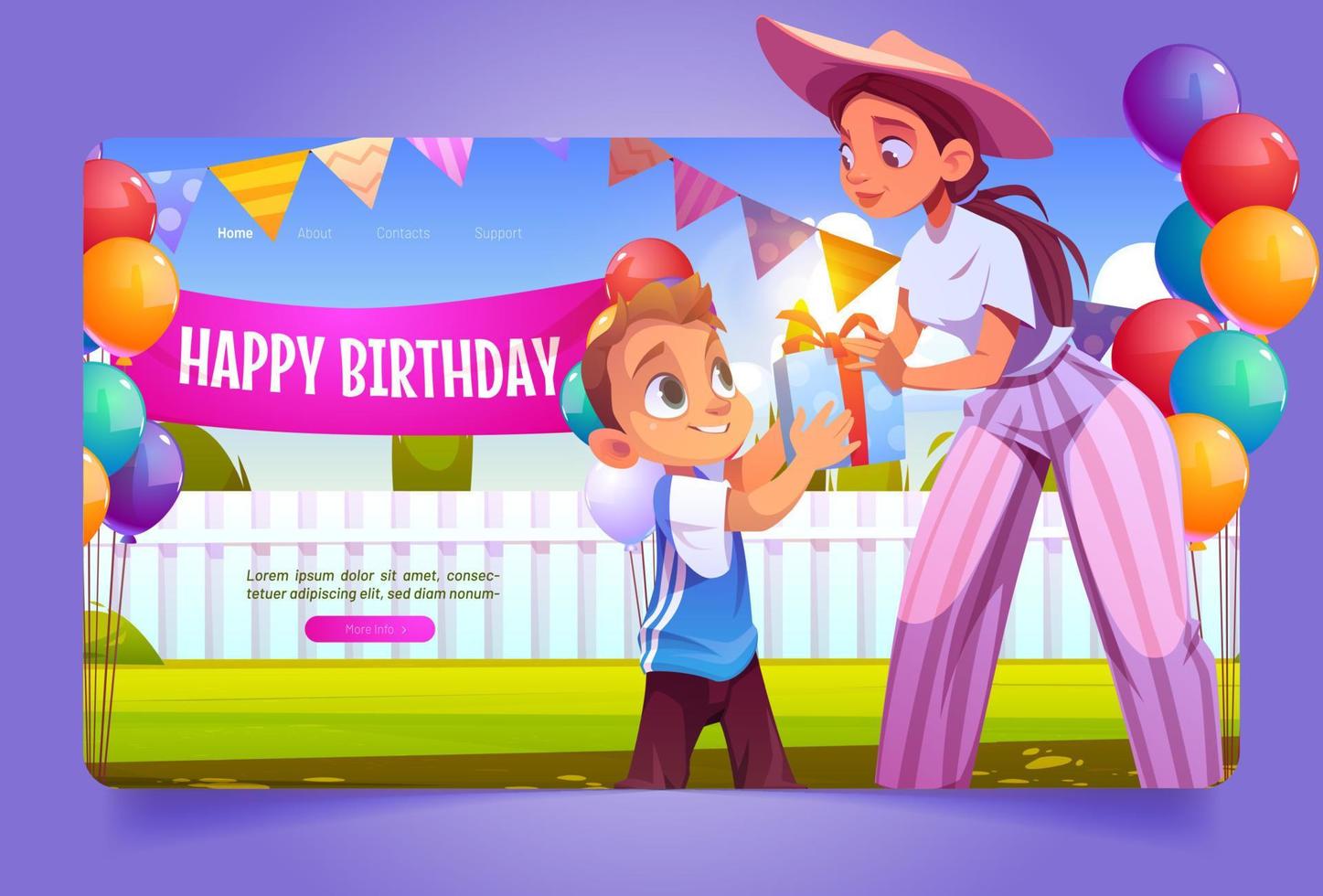 banner de feliz cumpleaños con mujer dar caja de regalo chico vector