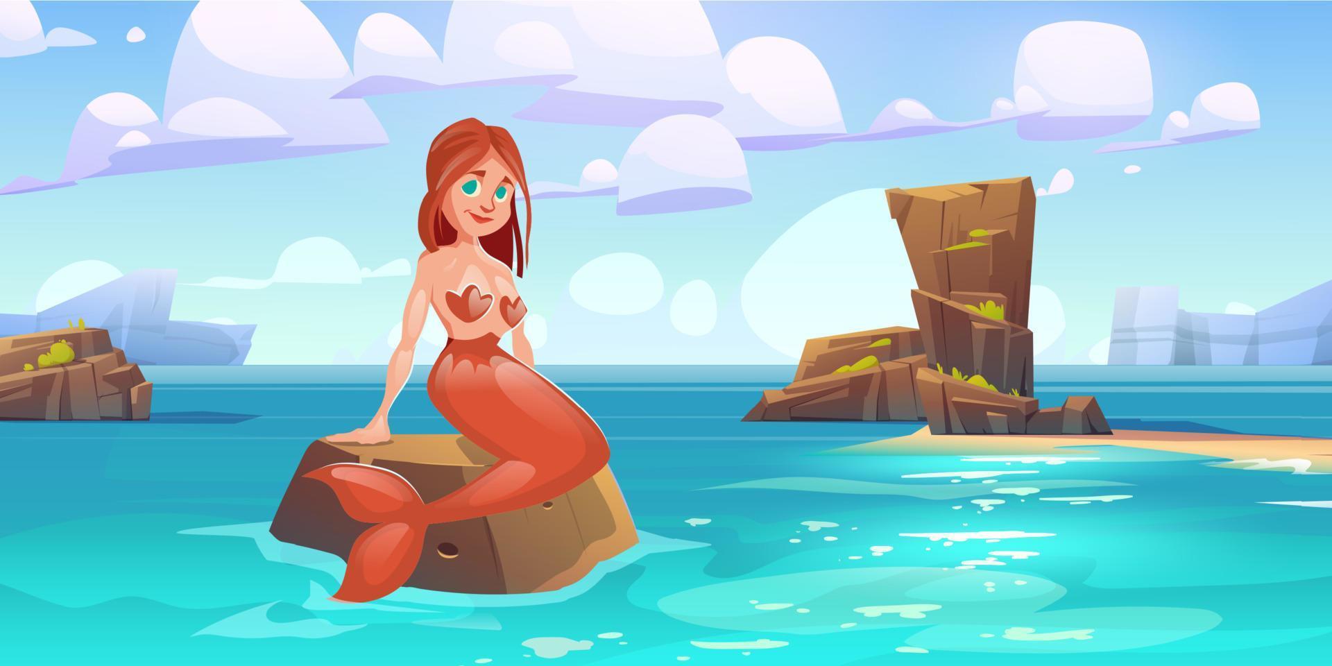 linda sirena sentada en una roca en el mar, personaje vector