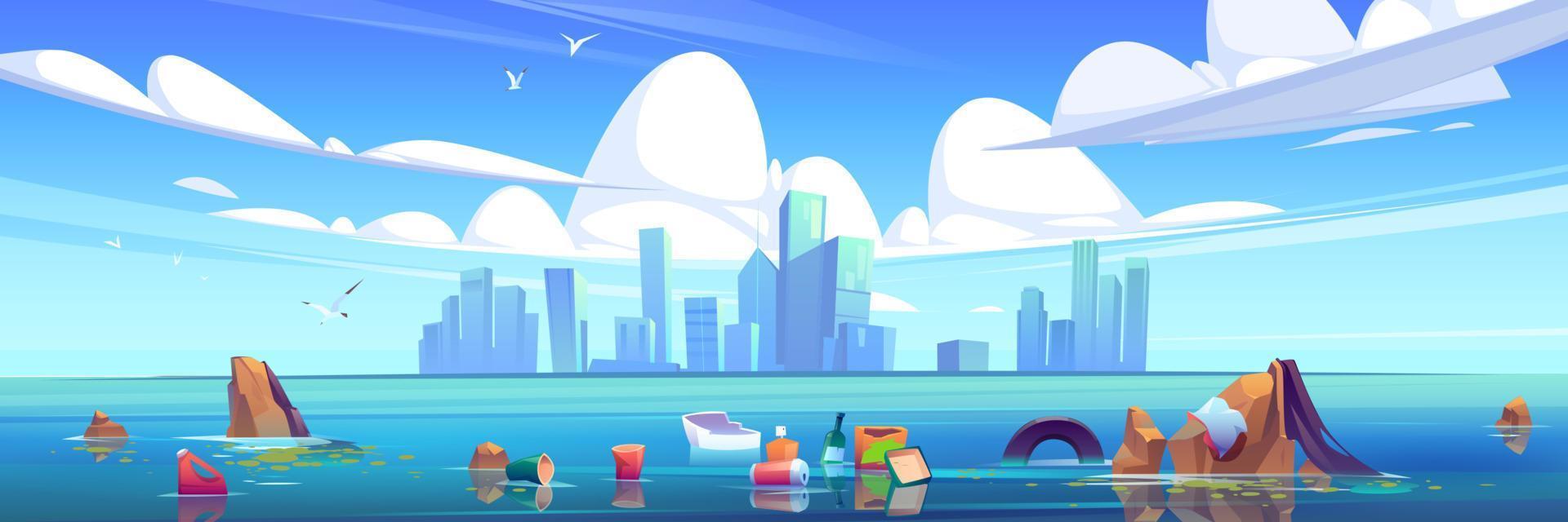 Lake with plastic trash in water and city vector