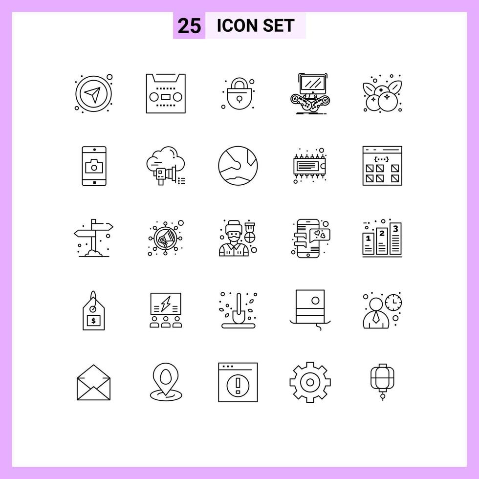 Stock Vector Icon Pack of 25 Line Signs and Symbols for fruit online lock multiplayer gaming Editable Vector Design Elements