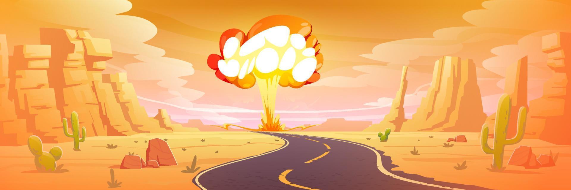 Nuclear bomb explosion in desert, nuke mushroom vector