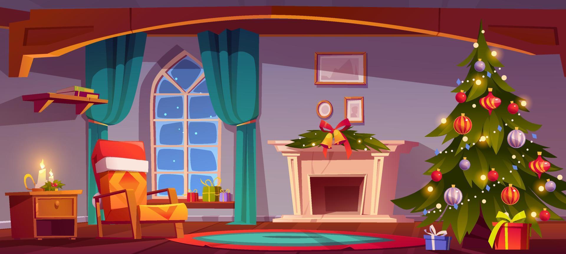 Room at Christmas night, empty home interior. vector